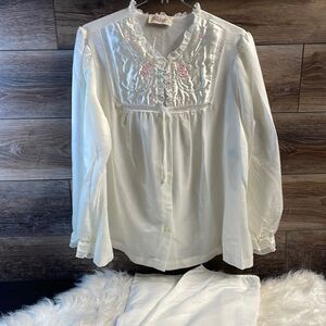 Vintage Repose Ladies Silk Like Pajama Set, Size 12-14, White and Pink, Floral